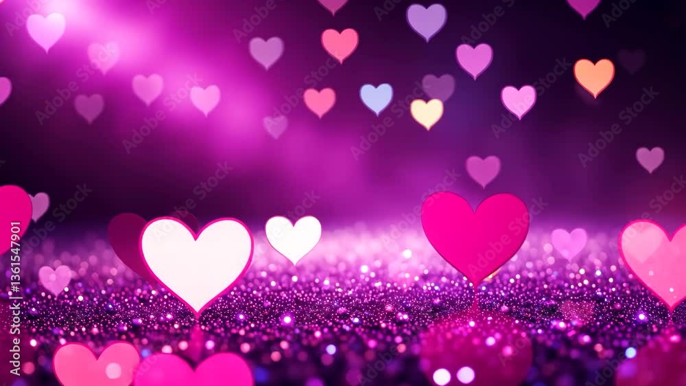 Pink Glittering Bokeh Background With Floating Hearts, Dreamy Effect, Love Theme