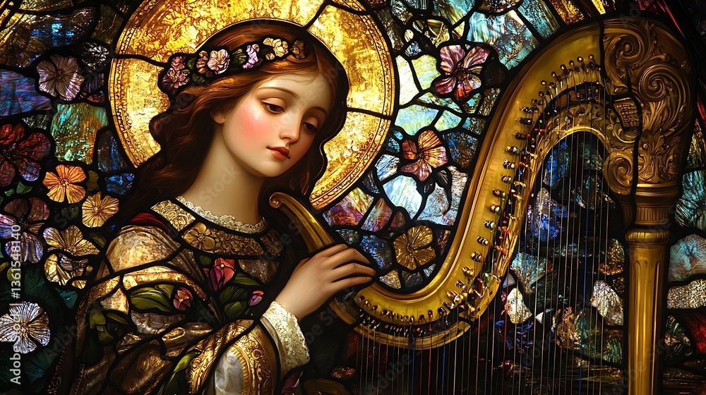 Obraz premium Stained glass art of Saint Cecilia, seated gracefully and playing a golden harp, a serene expression on her face, glowing halo around her head,