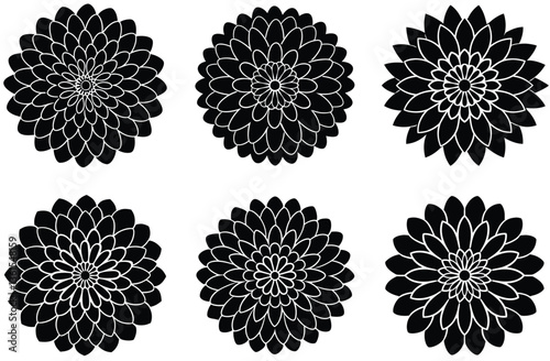 Collection of Stylized Floral Silhouettes, Symmetrical Flower Heads, Black and White