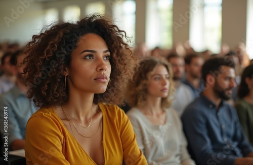 Wallpaper Mural Attentive woman with curly hair in yellow top listens at a conference. Diverse audience. Business meeting, seminar or training. Concepts motivation, inspiration, leadership, success. Torontodigital.ca