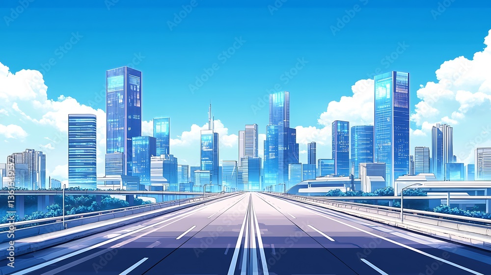 Fototapeta premium A futuristic cityscape with holographic digital displays and smart roads, showcasing the integration of technology in urban life