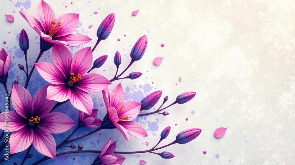 Obraz premium A vibrant display of stylized blossoms, showcasing delicate pink petals and purple buds, arranged artfully against a textured off-white backdrop with subtle watercolor accents.