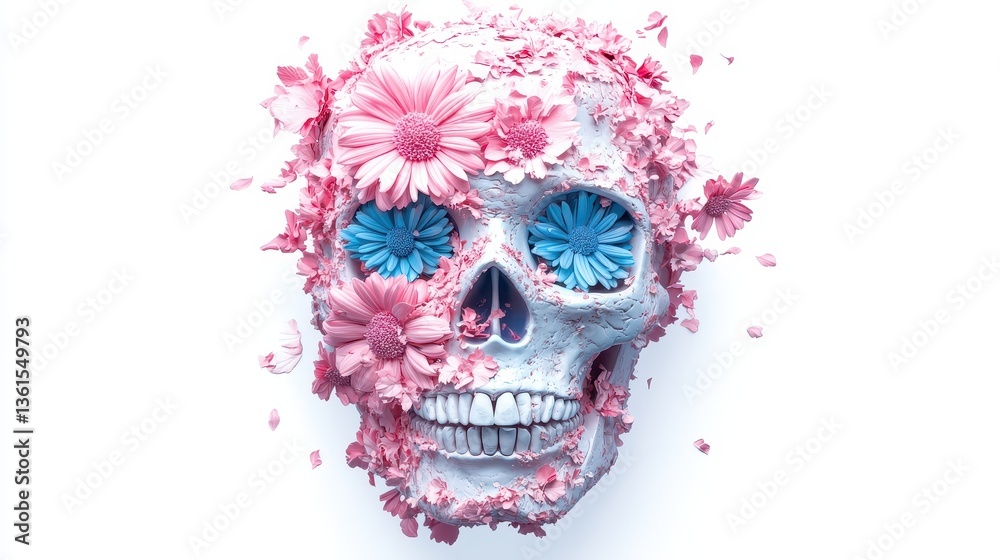 Naklejka premium Colorful skull adorned with pink flowers, artistic design blending mortality and beauty, ideal for creative projects.