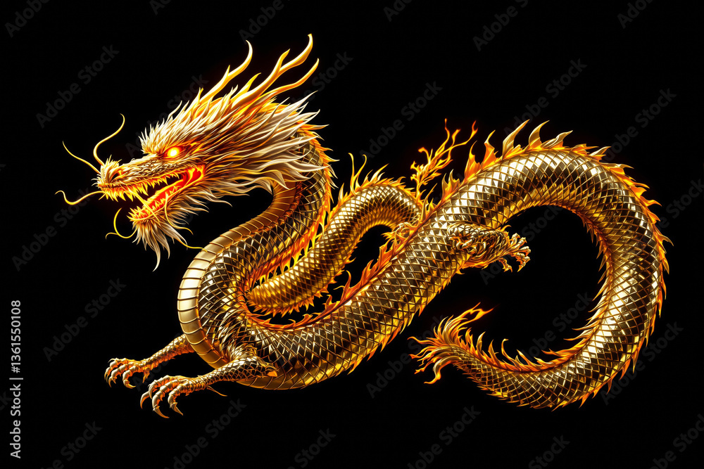 Obraz premium Majestic golden dragon with flaming details, fierce expression, and intricate scales on a dark background. Symbol of power, mythology, and culture. Ai generative