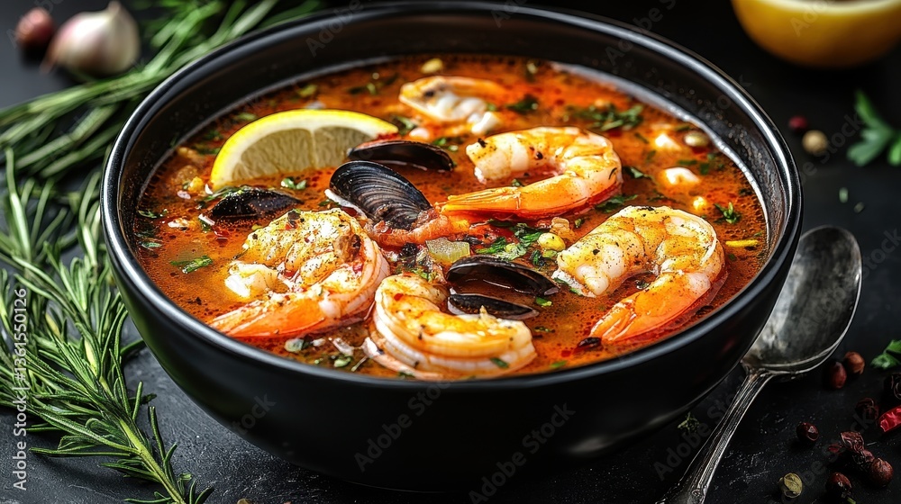 A delicious seafood stew served in a black ceramic bowl A delicious seafood stew served in a black ceramic bowl