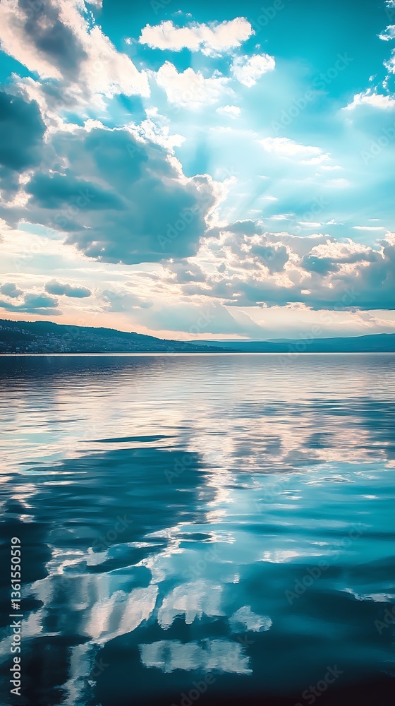 Obraz premium Calm lake reflecting a dramatic sky. Sunset over water. Possible use Stock photo