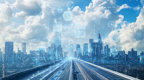 A futuristic cityscape with holographic digital displays and smart roads, showcasing the integration of technology in urban life