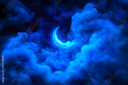 Abstract blue smoke billows like clouds against a dark sky