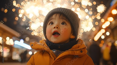 Toddler awed by fireworks display at night market