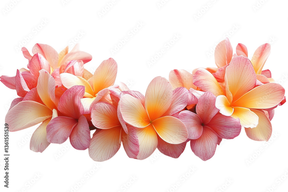 A Delicate Crescent Of Blush And Peach Plumeria Blossoms, A Fragrant Garland Whispering Of Tropical Breezes And Tranquil Paradise Against A Pristine Isolated on Transparent Background A Delicate Crescent Of Blush And Peach Plumeria Blossoms, A Fragrant Garland Whispering Of Tropical Breezes And Tranquil Paradise Against A Pristine Isolated on Transparent Background