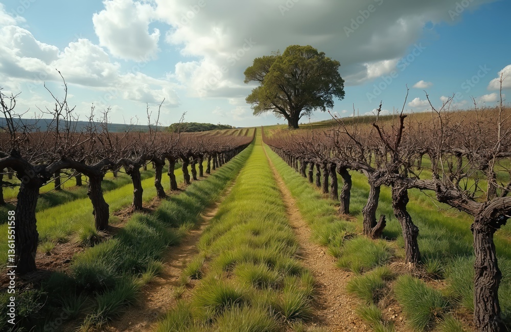 Fototapeta premium Picturesque vineyard landscape near Evora Portugal. Rows of grapevines, green grass, tree, blue sky with clouds. Agriculture wine industry theme, vacation travel. Vine-growing region for wine