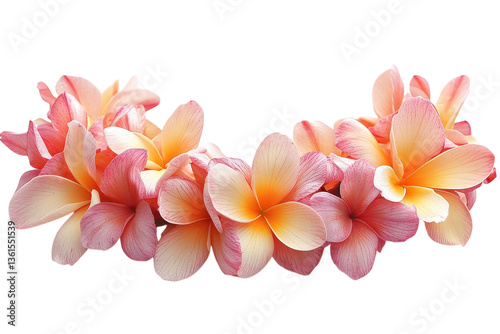 A Delicate Crescent Of Blush And Peach Plumeria Blossoms, A Fragrant Garland Whispering Of Tropical Breezes And Tranquil Paradise Against A Pristine Isolated on Transparent Background
