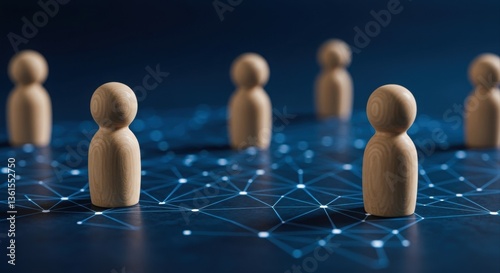 Wooden figures connected by a digital network.