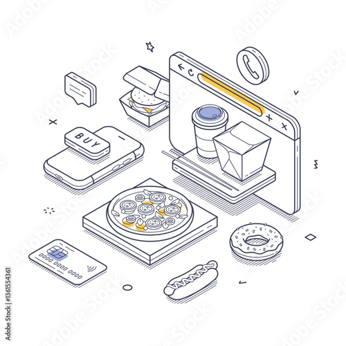 Food order process with various items. Included are a pizza, donuts, and drinks alongside a smartphone and computer screen. Modern isometric line art vector illustration
