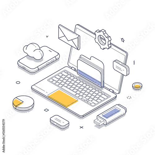 Cloud storage technology integrated with various digital devices. A laptop surrounded by a smartphone, cloud icon, files, and communication elements. Isometric line art vector illustration