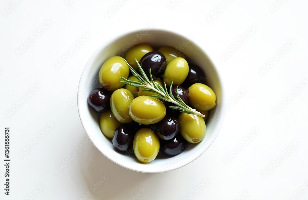 Fototapeta premium Overhead shot of bowl with mix green black olives with rosemary sprig on white. Tasty appetizer for a cocktail. Italian and Spanish cuisine for restaurants and cafe menus. Healthy mediterranean food.