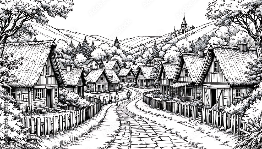 Fototapeta premium Vector llustrations of Hand drawing sketch vector black and white illustration of a village