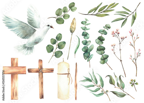 Wooden crosses, candles and flying pigeon, dove. Eucalyptus plant green branches and pink flowers twigs. Religion clipart set. Hand drawn watercolor illustration for baptism Isolated from background 