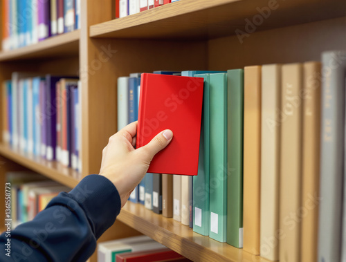Close-up of a hand selecting a red book from a bookshelf filled with colorful books in a library. Warm lighting enhances the academic atmosphere. Ai generative photo