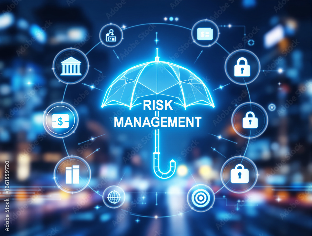 Risk management digital concept with umbrella and finance icons glowing on futuristic blurred city background, symbolizing financial security. Ai generative Risk management digital concept with umbrella and finance icons glowing on futuristic blurred city background, symbolizing financial security. Ai generative