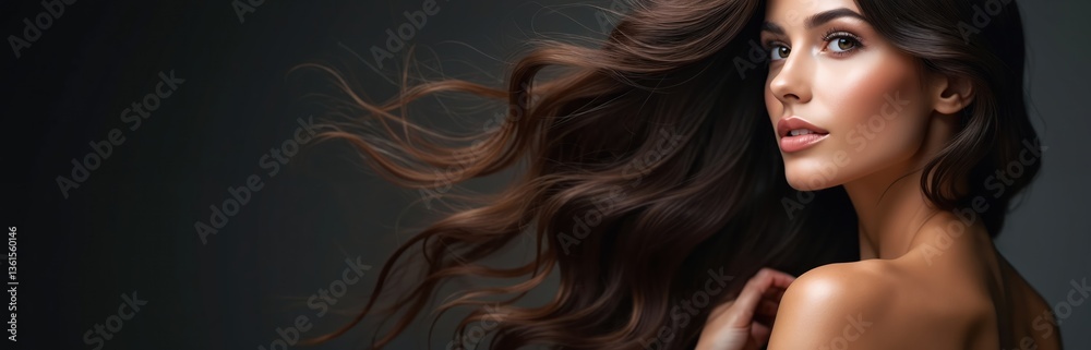 Obraz premium Woman with shiny, flowing dark hair. Profile view showcases flawless skin, perfect makeup. Beauty, glamour, elegant style. Healthy, silky long brunette locks. Fashion, cosmetic products.