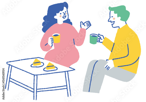 Two men and a woman talking and drinking coffee in a cafe_Color