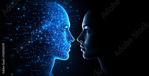 Human face and AI digital head facing each other with glowing blue connections on dark background. Concept of artificial intelligence and technology. Ai generative