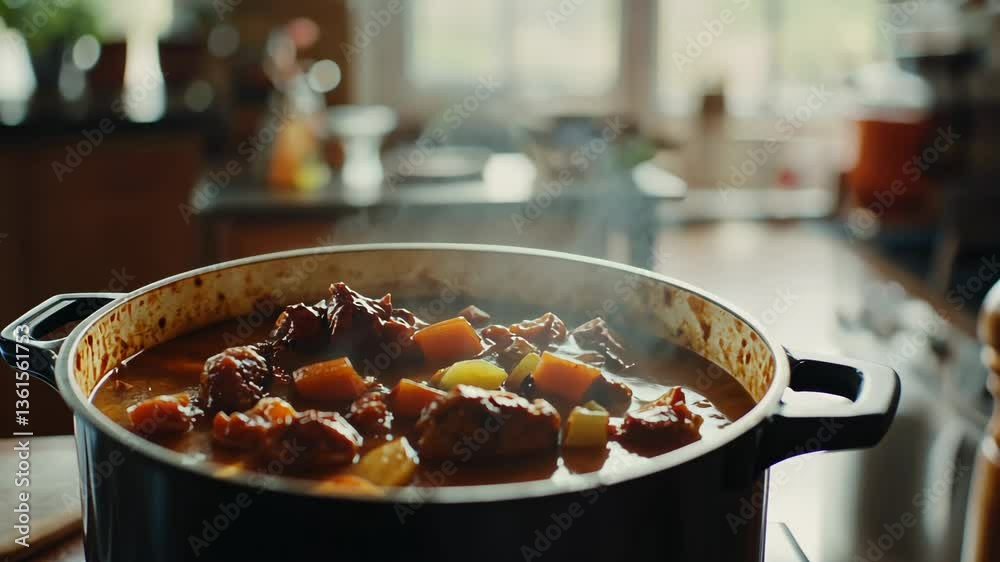 Delicious stew simmering in pot on the stove in a bright kitchen during the afternoon