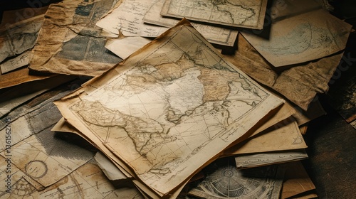Wallpaper Mural Antique Maps and Documents Pile, Historical Research, Dark Background. Possible Use Stock photo for history books, educational materials, or vintage theme designs Torontodigital.ca