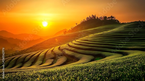 Sunrise over terraced rice paddies in the mountains. Possible use Nature, travel, tourism, landscape photo