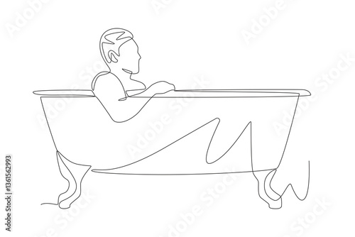 Man soaking in bathtub. Taking a bath concept one-line drawing