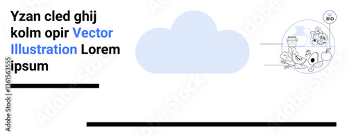 Blue cloud icon beside circular design showcasing science lab setup, bio symbols, and nature-inspired graphics. Ideal for technology, bioinformatics, science, innovation, environment, research