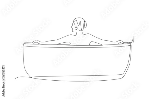 Woman is soaking in the bathtub. Taking a bath concept one-line drawing