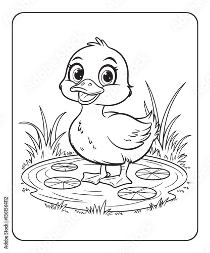 Duck coloring page for kids, black line art vector illustration on white background 