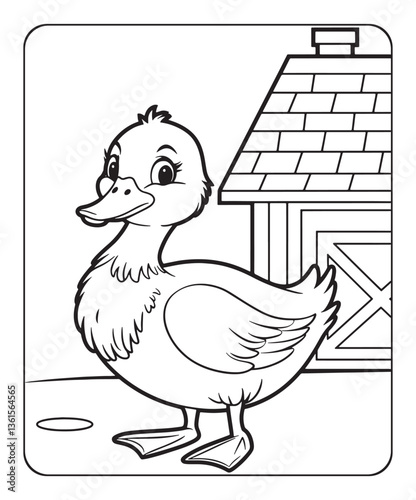 Duck coloring page for kids, black line art vector illustration on white background 