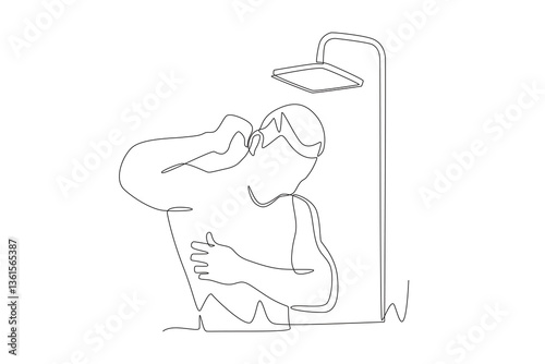 Man soaping himself in the shower. Taking a bath concept one-line drawing
