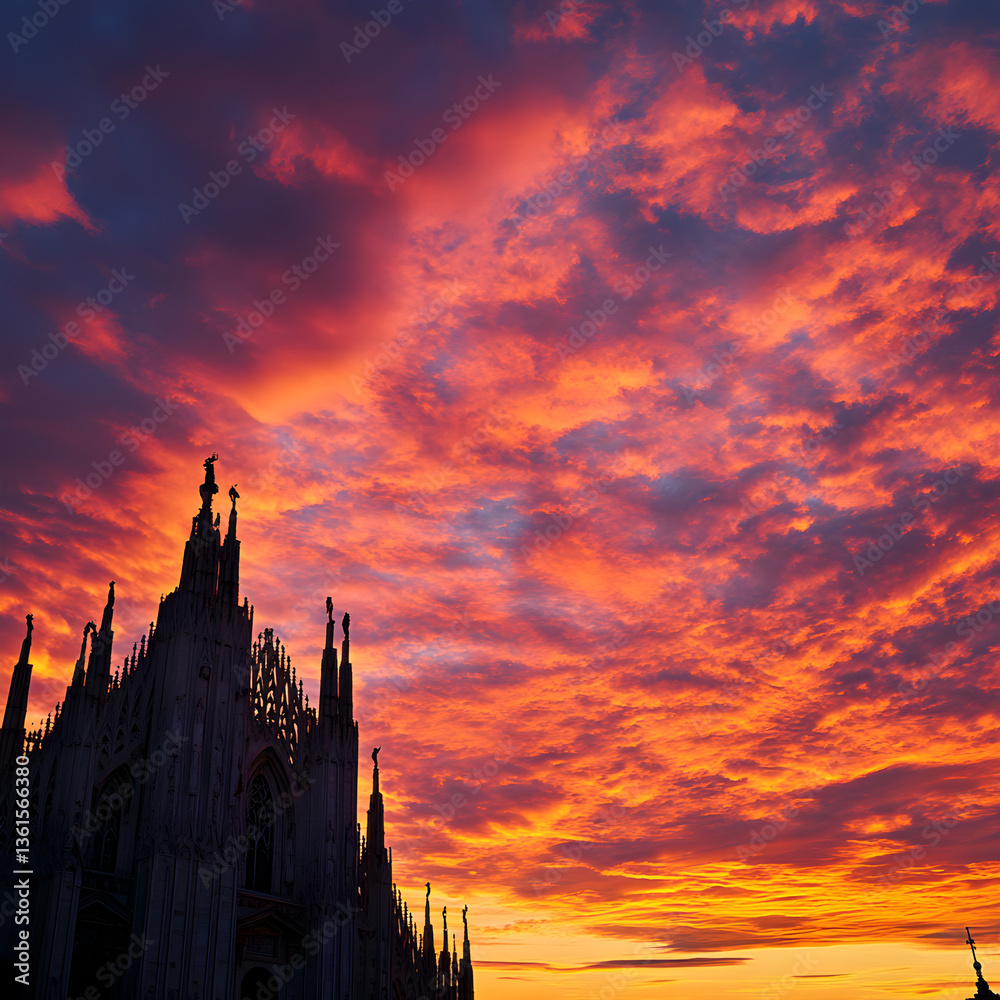 Naklejka premium Stunning sunset over gothic cathedral milan photography urban landscape panoramic view architectural serenity