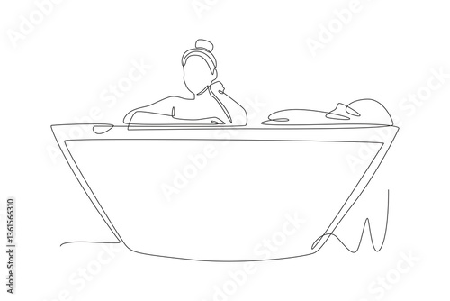 Woman taking bubble bath in bathtub. Taking a bath concept one-line drawing
