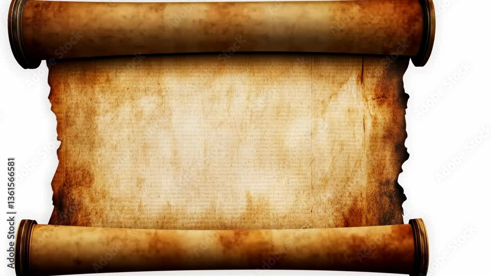 Ancient parchment scroll lying on a white background revealing a mysterious historical text waiting to be discovered