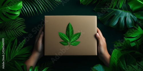 Kraft box with leaf logo on hands in green foliage for eco packaging