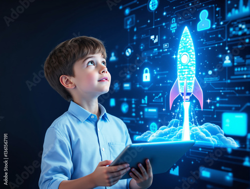 A young boy holds a tablet, gazing at a glowing rocket hologram launching into a futuristic digital tech background, symbolizing creativity and innovation. Ai generative