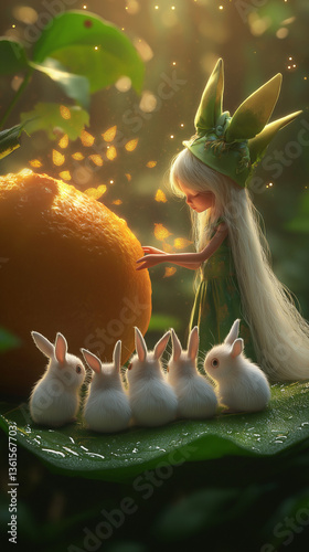 AI generator image of magical fairy-tale scene featuring a tinyfairy girl with long flowing white hair,wearing a delicate green dress and a pointed hat, standing barefoot on a large dew-covered leaf.  photo
