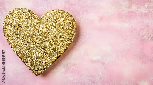 Gold glitter heart on pink background.