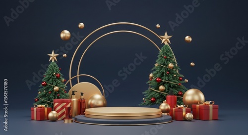 Christmas product display with golden podium.