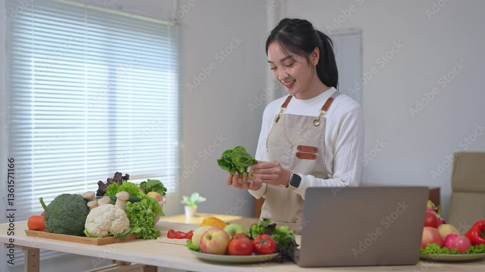 Young woman nutritionist wearing an apron is showing lettuce to her online audience, while sitting at a table full of fresh fruits and vegetables, during a cooking show Young woman nutritionist wearing an apron is showing lettuce to her online audience, while sitting at a table full of fresh fruits and vegetables, during a cooking show