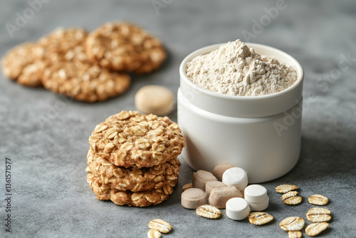 Oatmeal cookies with multivitamins and a circular container of protein powder on a grey background