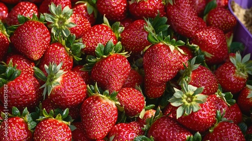 A visually striking vertical planter system filled with lush, red strawberries cascading downwards, showcasing the vibrant colors and textures of the fruit. The background offers a soft, natural