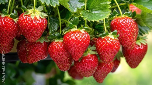 A visually striking vertical planter system filled with lush, red strawberries cascading downwards, showcasing the vibrant colors and textures of the fruit. The background offers a soft, natural