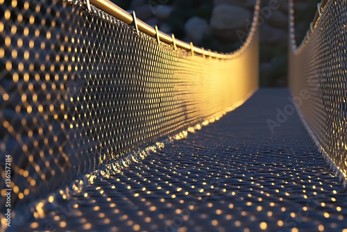Golden light suspension bridge walkway