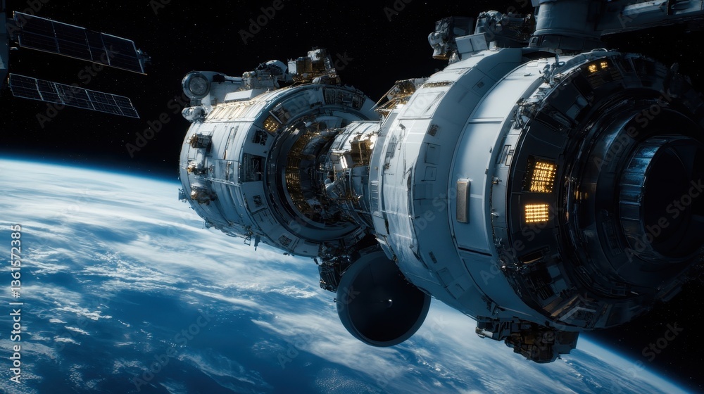Satellite orbits Earth while capturing stunning views of the planet below in the vastness of space Satellite orbits Earth while capturing stunning views of the planet below in the vastness of space